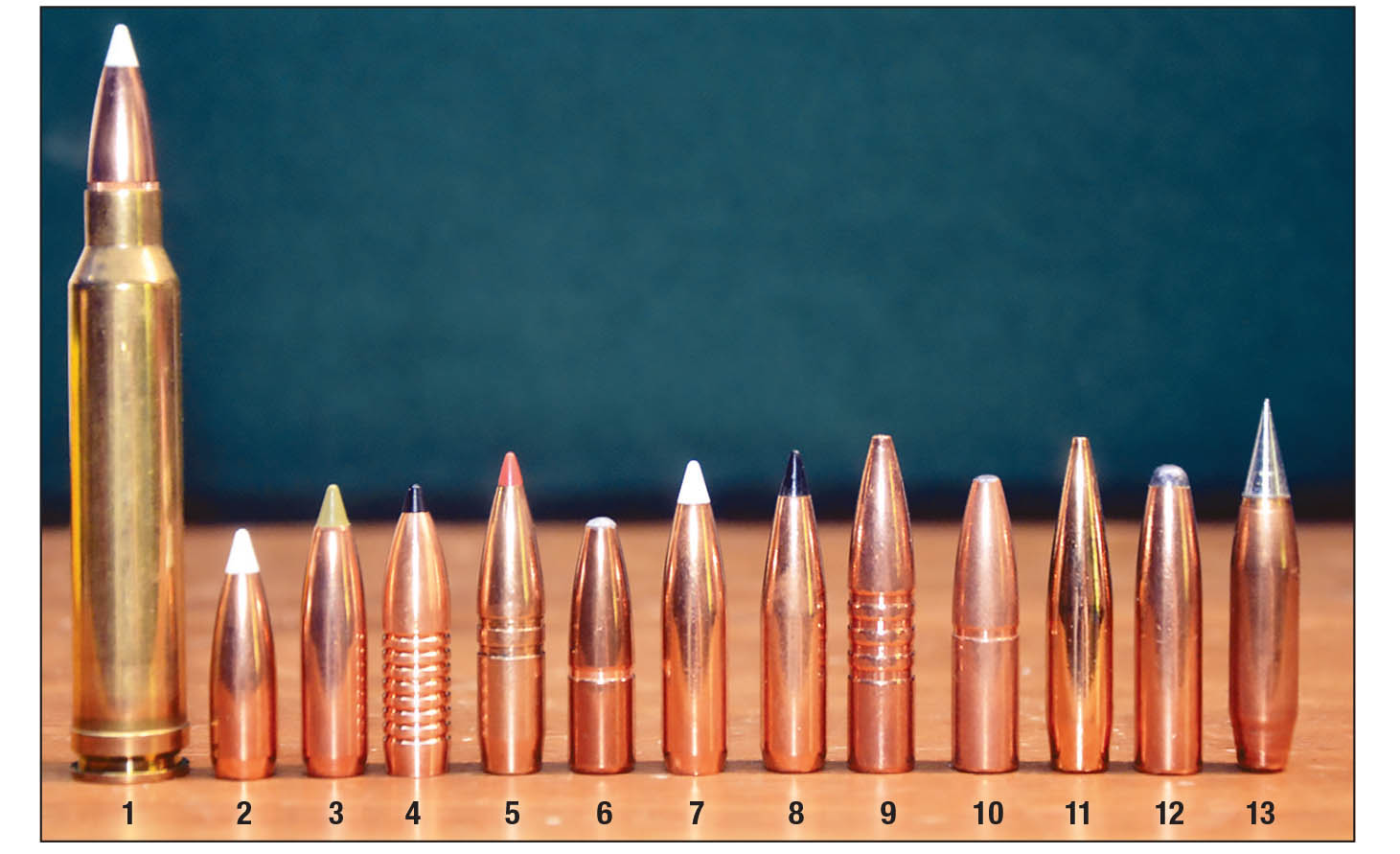 Bullets used when developing 300 H&H loads for the Lex Webernick rifle throughout the years include: (1) Loaded round, (2) 125 Nosler AccuBond, (3) 150 Nosler E-Tip (4) 155 Lehigh Defense TME (5) 165 Hornady GMX, (6) 165 Swift A-Frame, (7) 180 Nosler AccuBond, (8) 180 Swift Scirocco II, (9) 200 Barnes TSX, (10) 200 Swift A-Frame, (11) 210 Berger VLD Hunting (12) 220 Nosler Partition and (13) Northern Precision 220 VLDBT.